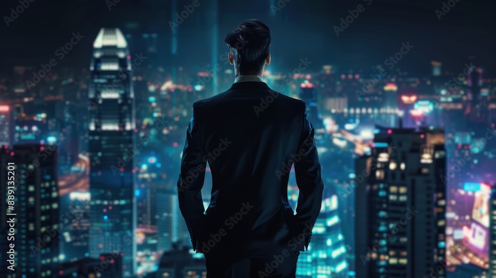 Back view of Businessman standing wearing black suit with cityscape background. generative AI image Back view of Businessman standing wearing black suit with cityscape background. generative AI image