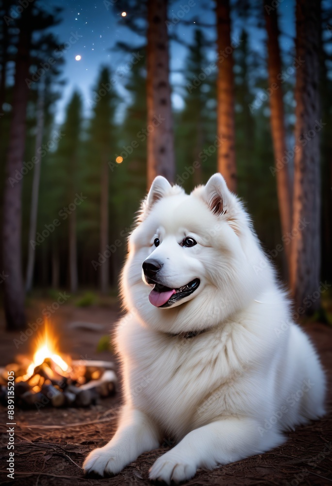 Samoyed sitting beside a cozy campfire in a dense pine forest, with stars twinkling overhead.