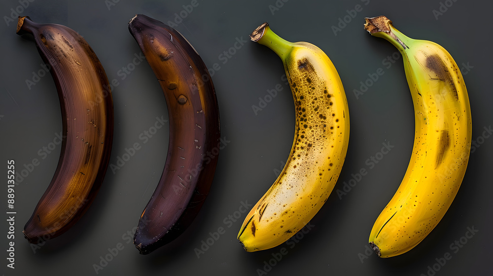 a sequence of four bananas, each transitioning seamlessly from fresh yellow to dark brown, diffrente bananas a sequence of four bananas, each transitioning seamlessly from fresh yellow to dark brown, diffrente bananas