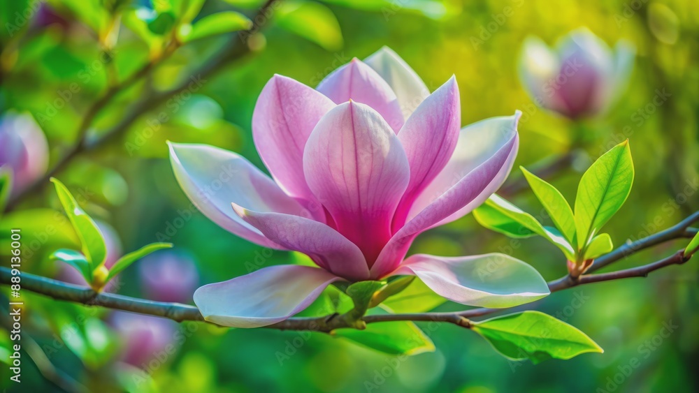 Elegant, showy, and fragrant, a solitary magnolia flower blooms magnificently against a soft, serene, and lush green natural background. Elegant, showy, and fragrant, a solitary magnolia flower blooms magnificently against a soft, serene, and lush green natural background.