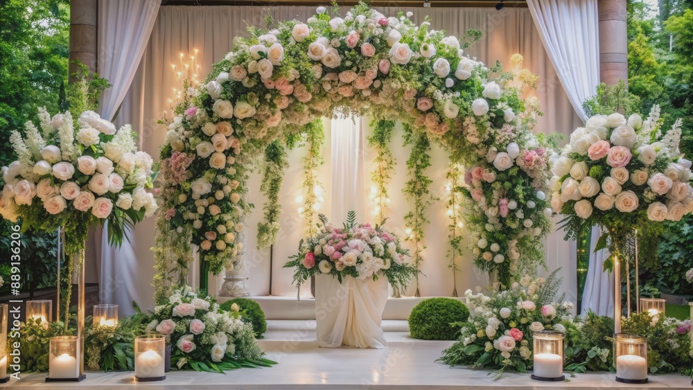 Fototapeta premium Elegant wedding stage adorned with cascading white and pink flowers, lush green leaves, and delicate vines, exuding romantic ambiance.