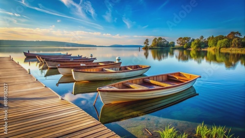 Serenely majestic empty rowing boats docked at wooden pier on calm blue water with subtle ripples and clear sky background.