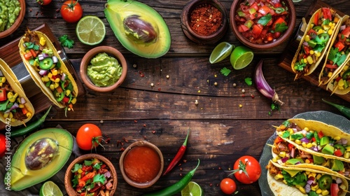 Top view, fresh Mexican food, tacos, burritos, guacamole, salsa, colorful presentation, vibrant ingredients, wooden table, natural lighting, detailed textures, food photography © sknab