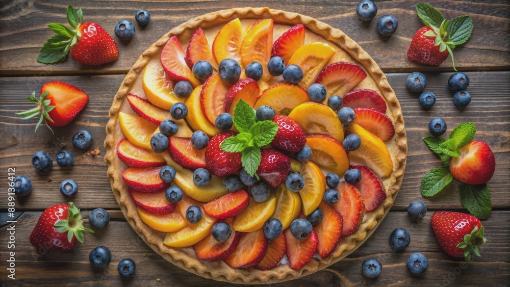 Fototapeta premium Vibrant arrangement of sliced strawberries, blueberries, and peaches atop a golden pastry crust on a rustic wooden background.