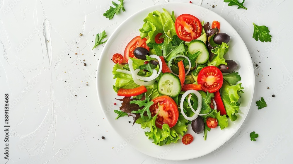 Plate of fresh salad with tomato olive and sweet pepper on white surface Bird s eye view Blank area available Plate of fresh salad with tomato olive and sweet pepper on white surface Bird s eye view Blank area available