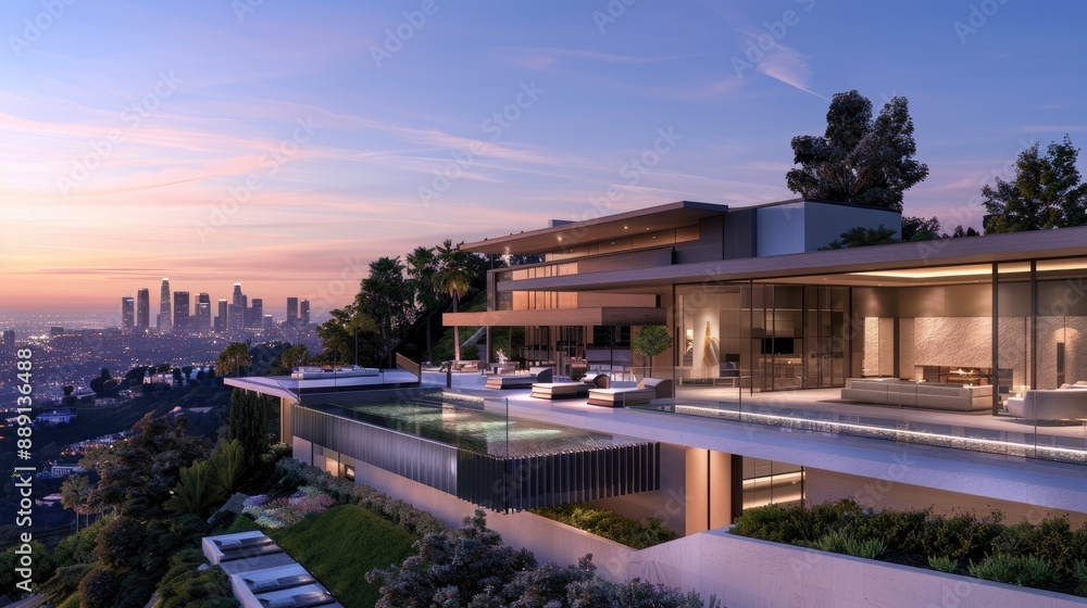 Fototapeta premium A modern hilltop mansion with cascading terraces, an infinity pool, and panoramic views of the city skyline at dusk