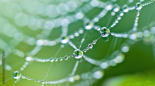 A close-up image of a spider's web adorned with dew drops, reflecting the greenery around, highlighting the fragility and delicate balance in nature.