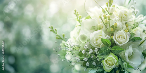 The delicate bouquet of white roses and greenery, beautifully arranged for a wedding, creating an elegant floral arrangement, wedding decor concept