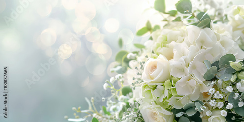 The delicate white flower bouquet, composed of roses, hydrangeas, and eucalyptus, in soft dreamy lighting, wedding decor concept