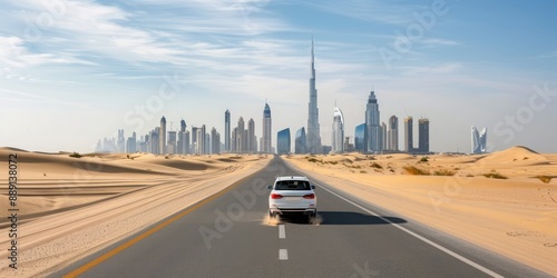 A Lone Car Drives Towards the Dubai Skyline in the Desert photo
