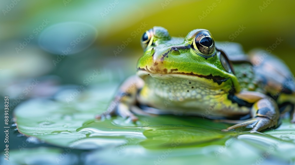 A close-up image of a frog sitting on a lily pad in a serene pond, capturing its details and the minimalistic beauty of the aquatic surroundings, evoking peace and tranquility. A close-up image of a frog sitting on a lily pad in a serene pond, capturing its details and the minimalistic beauty of the aquatic surroundings, evoking peace and tranquility.