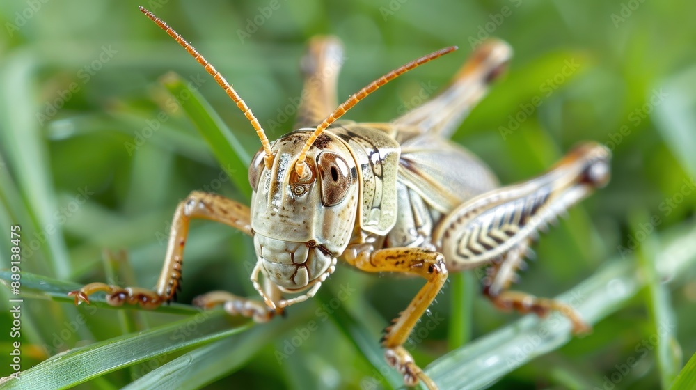 This image captures a grasshopper in its natural habitat, highlighting the detailed body and wings, with a clear background to accentuate the insect's features. This image captures a grasshopper in its natural habitat, highlighting the detailed body and wings, with a clear background to accentuate the insect's features.