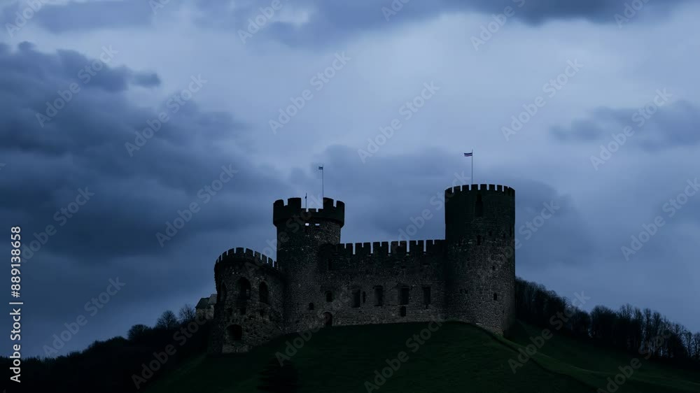 Silhouetted Castle on a Hilltop Under a Stormy Sky Silhouetted Castle on a Hilltop Under a Stormy Sky