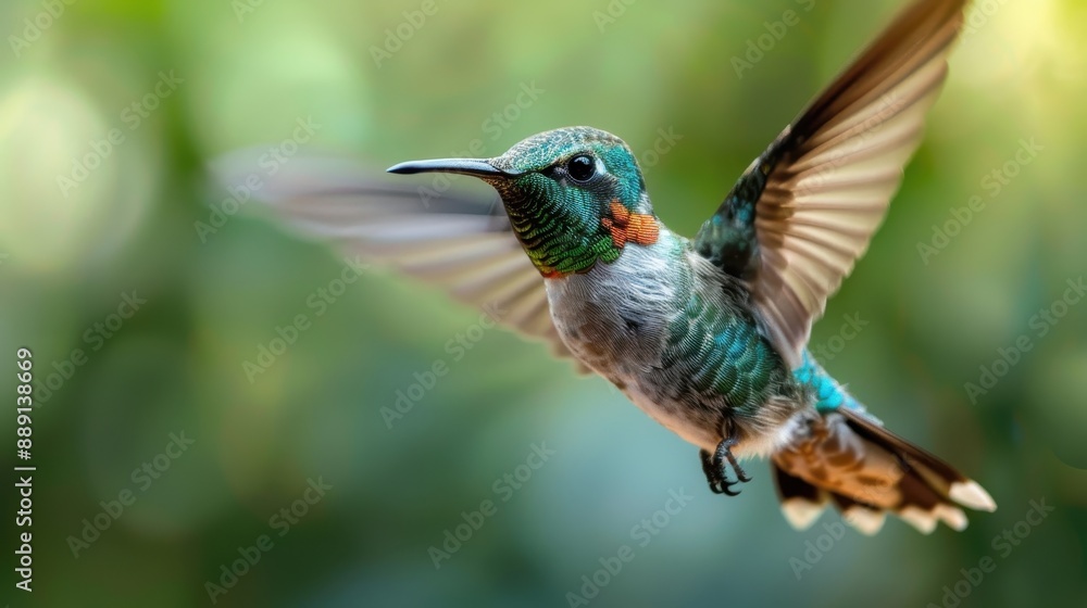 Fototapeta premium Capturing the iridescent green and orange feathers, this photograph shows a hummingbird in mid-flight. The blurred motion and precise details highlight the bird’s agility and beauty.