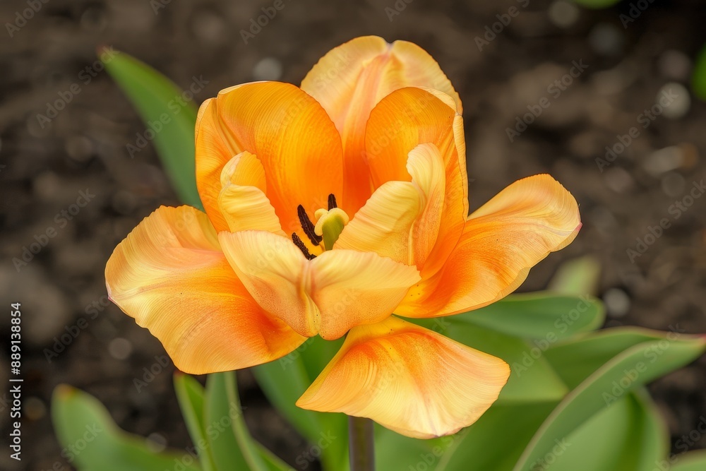Bright yellow-orange tulip flower isolated on beige background.. Beautiful simple AI generated image in 4K, unique. Bright yellow-orange tulip flower isolated on beige background.. Beautiful simple AI generated image in 4K, unique.