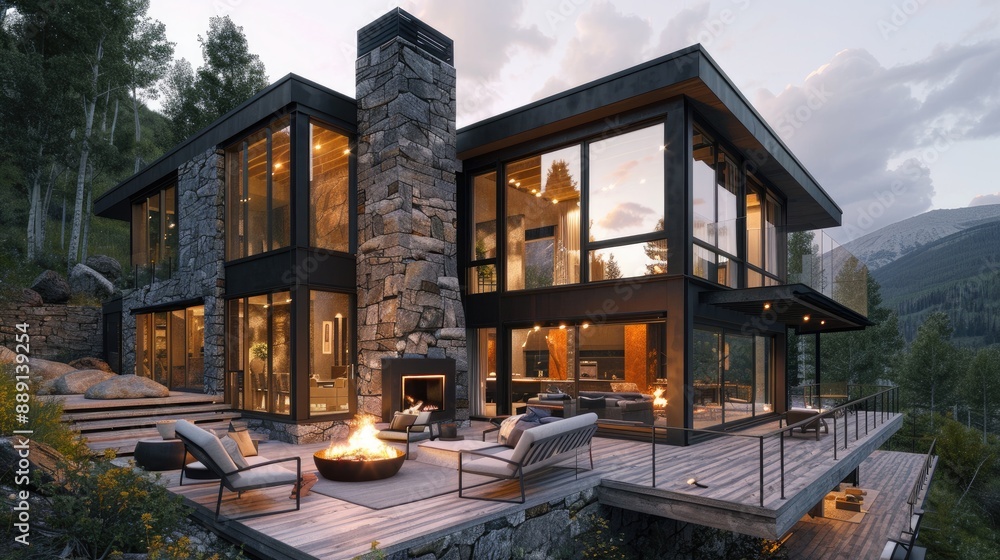 Obraz premium A modern mountain retreat with large stone walls, floor-to-ceiling windows, and a spacious deck with a fire pit and panoramic views
