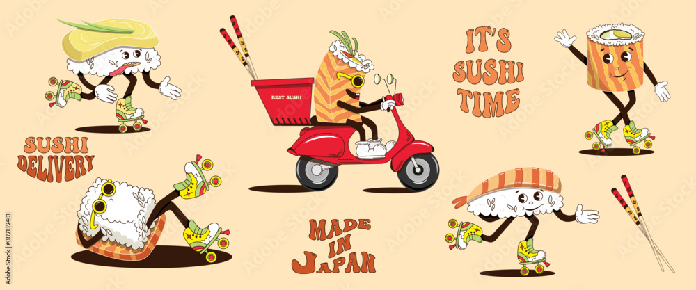 A set of elements for sushi. A set of different sushi, rolls in the form of fashionable characters. Sushi philadelphia, tamago roll, ebi. Cartoon characters A set of elements for sushi. A set of different sushi, rolls in the form of fashionable characters. Sushi philadelphia, tamago roll, ebi. Cartoon characters