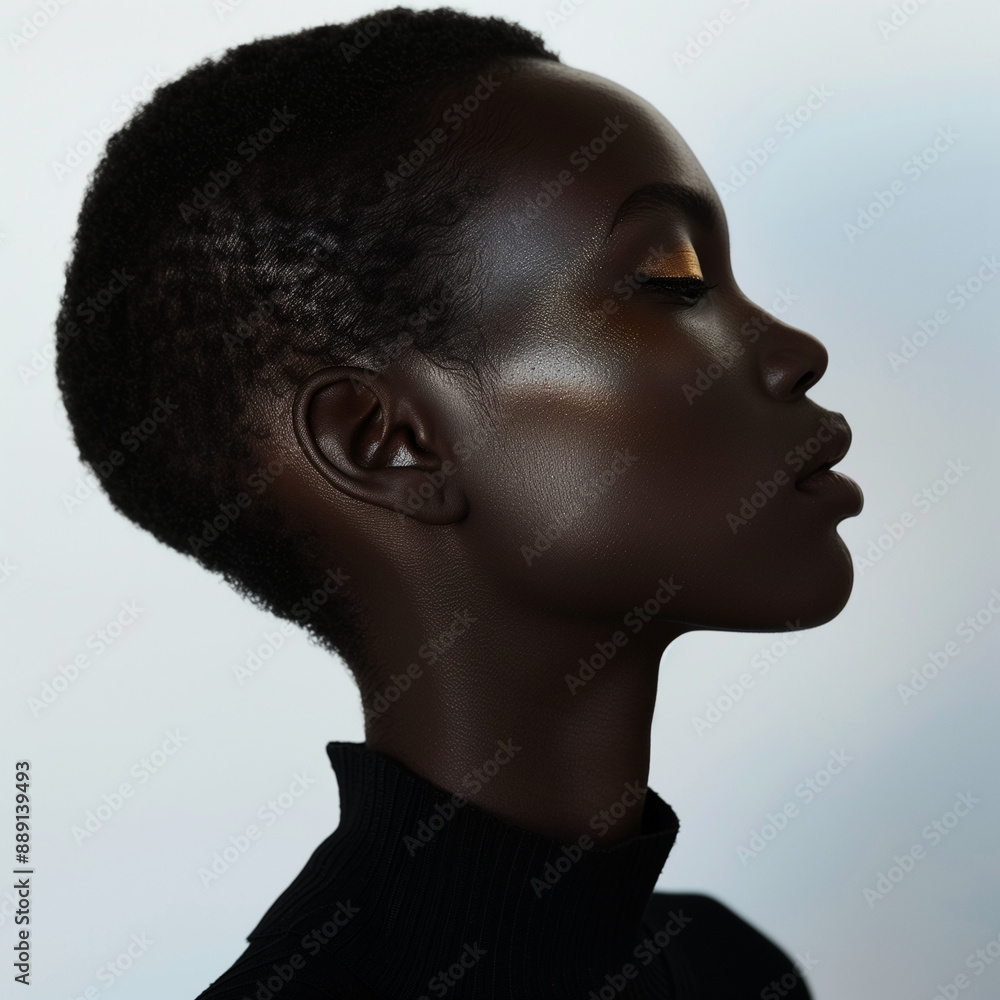 Close-up portrait of an African model with short hair posing in profile Close-up portrait of an African model with short hair posing in profile