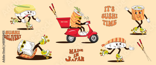 A set of elements for sushi. A set of different sushi, rolls in the form of fashionable characters. Sushi philadelphia, tamago roll, ebi. Cartoon characters