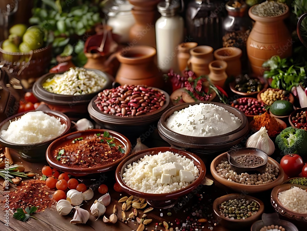 A Rustic Still Life of Moroccan Cuisine: Spices, Grains, and Ingredients in Earthenware Bowls A Rustic Still Life of Moroccan Cuisine: Spices, Grains, and Ingredients in Earthenware Bowls
