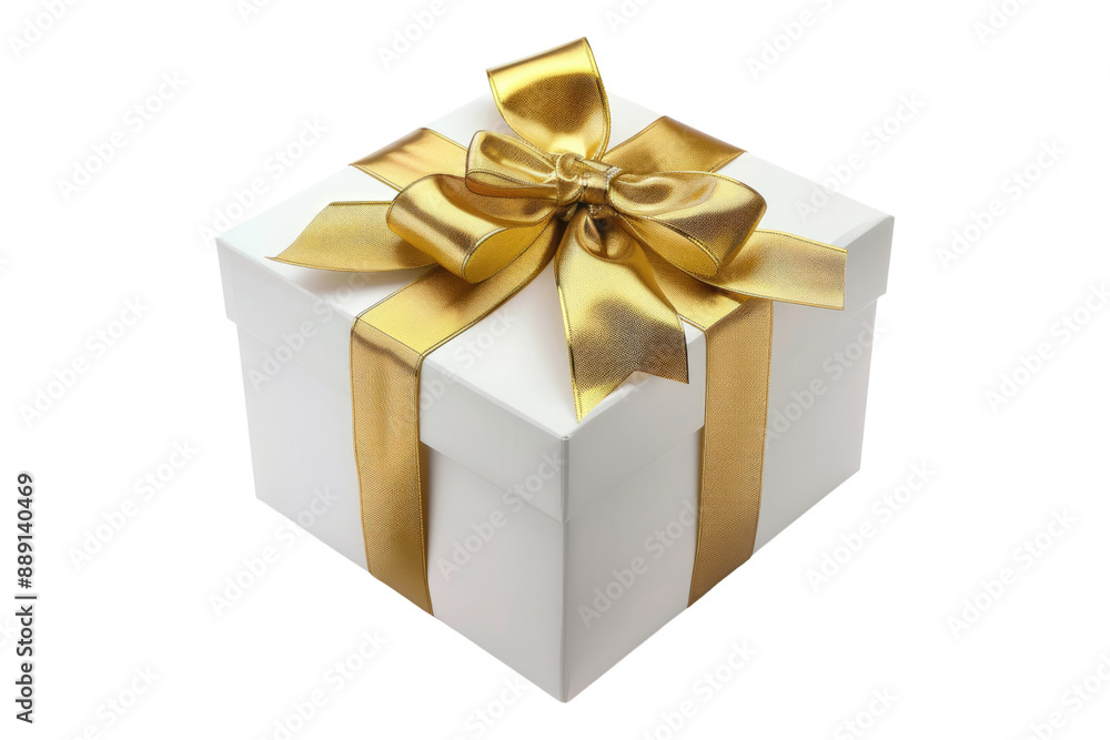 Fototapeta premium White gift box with golden ribbon isolated on transparent background