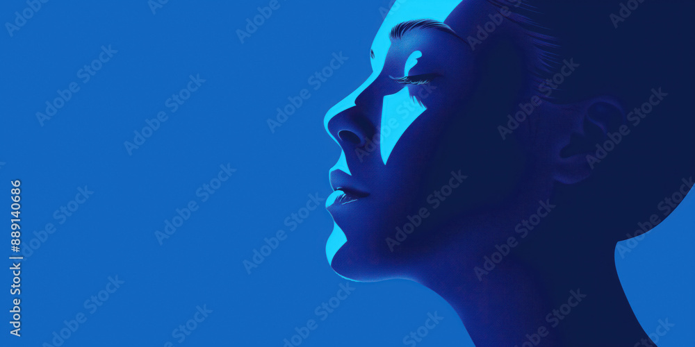 The serene, blue, abstract portrait of a woman's face in profile with closed eyes, highlighting tranquility and peaceful emotion concept