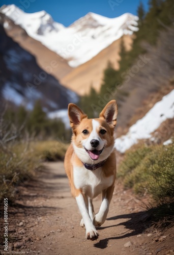 Sarabi dog trotting gracefully along a winding mountain trail with breathtaking panoramic views of snow-capped peaks.