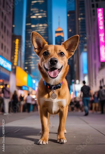 Sarabi dog exploring a vibrant, bustling cityscape with skyscrapers, colorful street art, and bustling crowds. photo