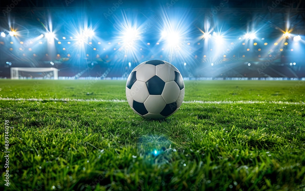 Fototapeta premium Spotlights illuminating the soccer stadium and the ball in the center