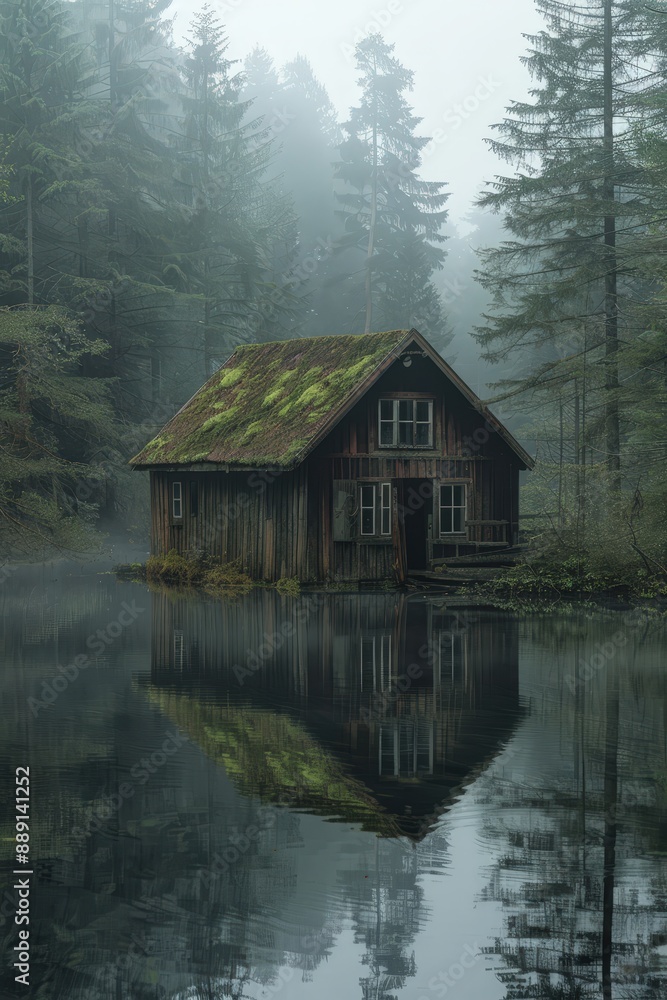 Rustic Cabin in Misty Forest by Tranquil Lake with Reflections and Moss-Covered Roof Rustic Cabin in Misty Forest by Tranquil Lake with Reflections and Moss-Covered Roof