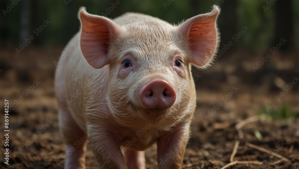 Cute piggy in nature, close up of an adorable pink piglet against the background of the forest. to illustrate farm life, agriculture and animal husbandry Cute piggy in nature, close up of an adorable pink piglet against the background of the forest. to illustrate farm life, agriculture and animal husbandry