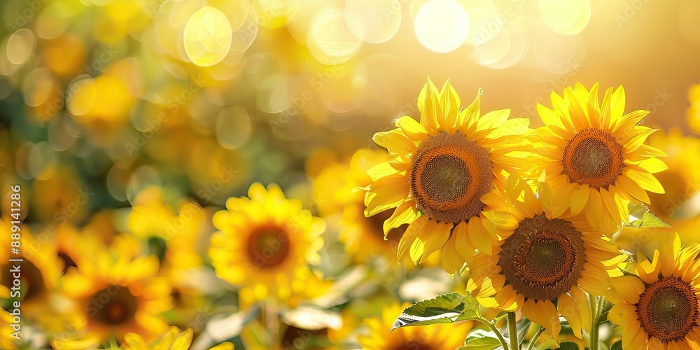 Obraz premium Close up sunflowers field with beautiful sunlight and bokeh background with copy space