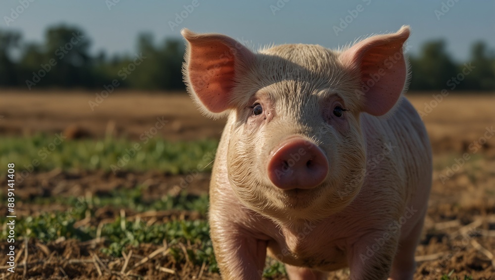 Cute piggy in nature, close up of an adorable pink piglet against the background of the forest. to illustrate farm life, agriculture and animal husbandry Cute piggy in nature, close up of an adorable pink piglet against the background of the forest. to illustrate farm life, agriculture and animal husbandry