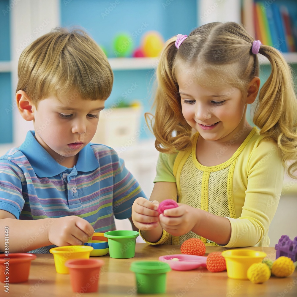 Two children are playing with clay in a room Two children are playing with clay in a room