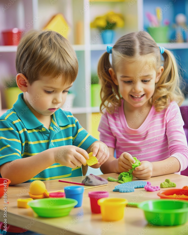 Two children are playing with clay in a room Two children are playing with clay in a room