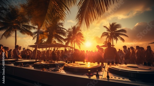 DJ mixing at beach party with crowd in background
