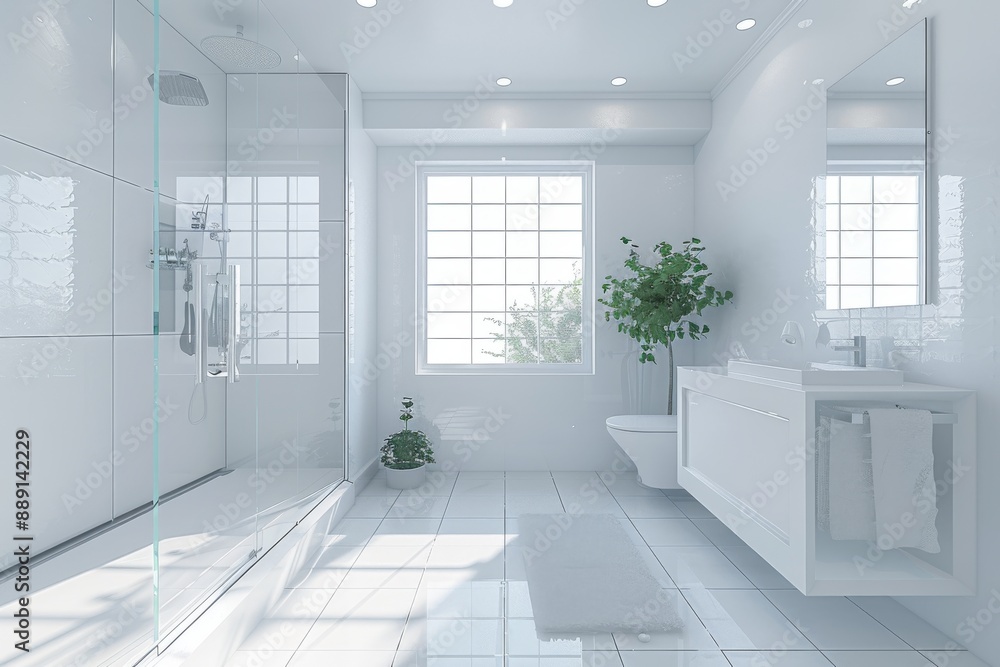 Bathroom with Glass Shower and Minimalist Vanity: A minimalist bathroom mockup with a glass shower and a simple vanity. Bathroom with Glass Shower and Minimalist Vanity: A minimalist bathroom mockup with a glass shower and a simple vanity.