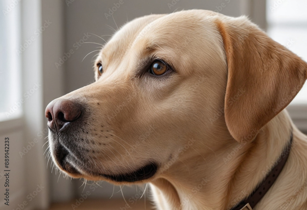 A loyal Labrador Retriever gazing lovingly at its owner. A loyal Labrador Retriever gazing lovingly at its owner.
