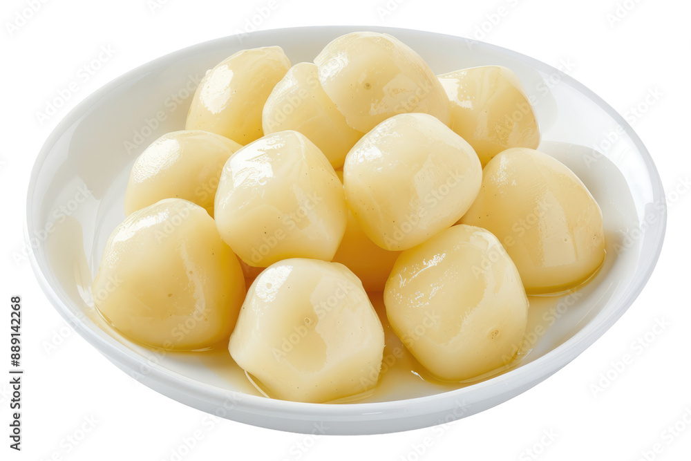 White plate of peeled potatoes isolated on transparent background White plate of peeled potatoes isolated on transparent background
