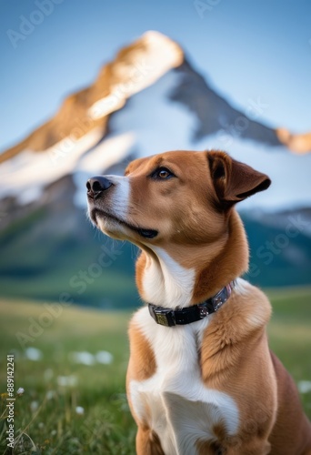 Sarabi dog gazing curiously at a majestic, snow-capped mountain peak rising above a serene alpine meadow.