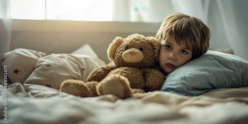 Sad child with teddy bear sitting in bed, cozy bedroom, stuffed animal companion, sad feeling concept Sad child with teddy bear sitting in bed, cozy bedroom, stuffed animal companion, sad feeling concept