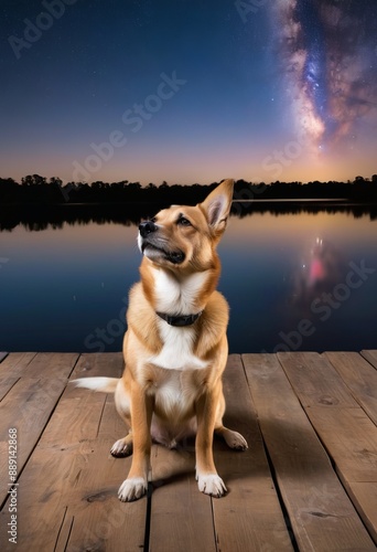 Sarabi dog gazing dreamily at a stunning, star-filled sky from a rustic wooden deck overlooking a serene lake. photo