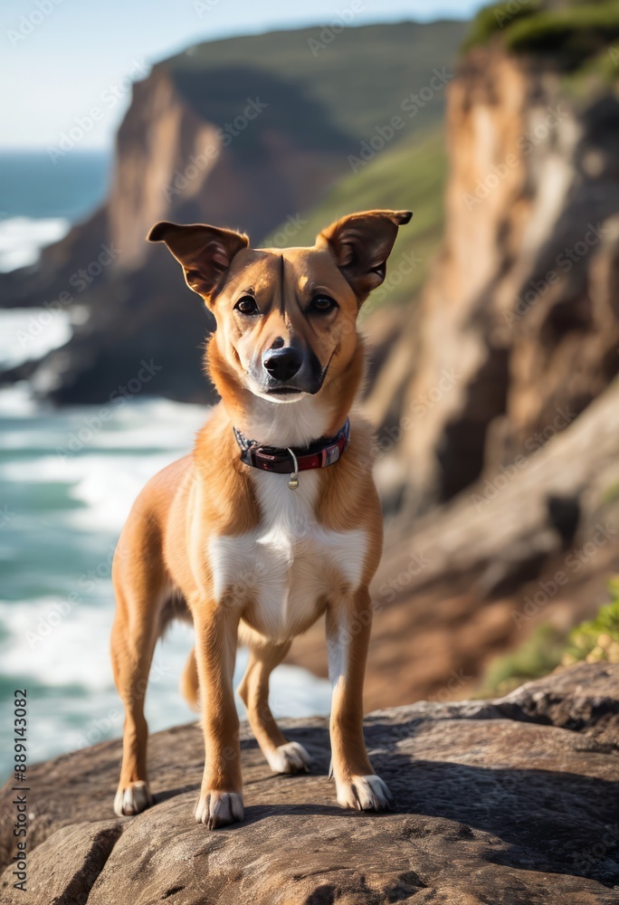 Sarabi dog standing proudly on a cliff overlooking a breathtaking, panoramic view of a rugged coastline and crashing waves. Sarabi dog standing proudly on a cliff overlooking a breathtaking, panoramic view of a rugged coastline and crashing waves.
