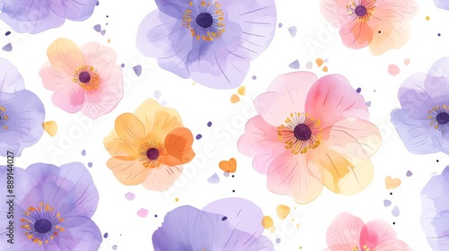 seamless pattern of pastel coloured watercolour flowers on white backdrop