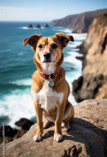 Sarabi dog standing proudly on a cliff overlooking a breathtaking, panoramic view of a rugged coastline and crashing waves.