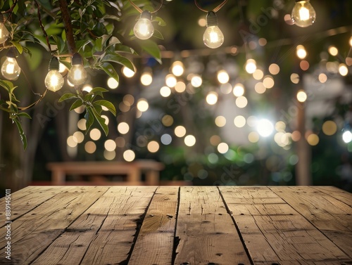 A wooden table decorated with plenty of string lights, perfect for various events or celebrations