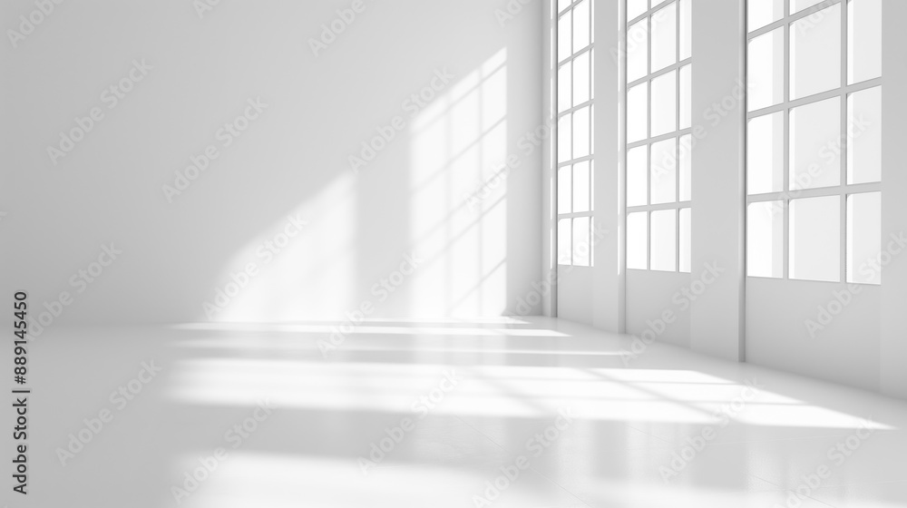 White empty studio room with soft windows sunlight and shadows and big windows. Huge hall room with white walls and floor empty space place White empty studio room with soft windows sunlight and shadows and big windows. Huge hall room with white walls and floor empty space place