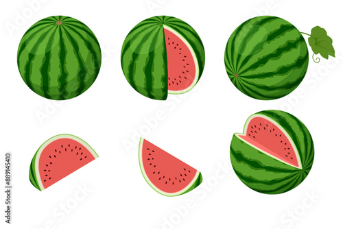 Isometric whole and half watermelon isolated on a white background. Summer sweet dessert