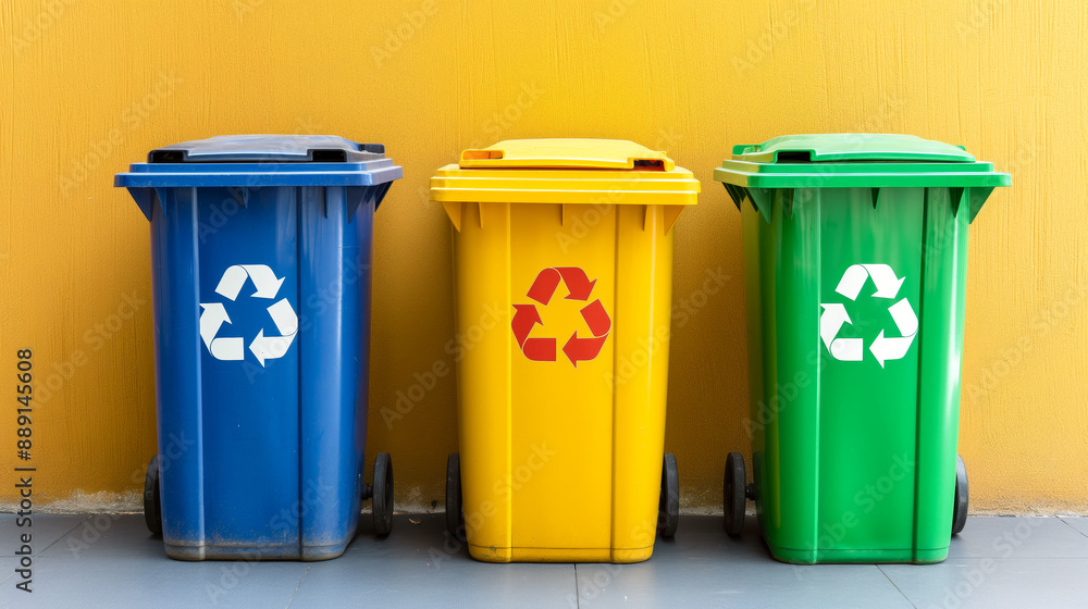 Recycling garbage and waste sorting and ecology concepts. three garbage cans for three types of garbage of different colors with a recycling sign on the yellow wall background Recycling garbage and waste sorting and ecology concepts. three garbage cans for three types of garbage of different colors with a recycling sign on the yellow wall background