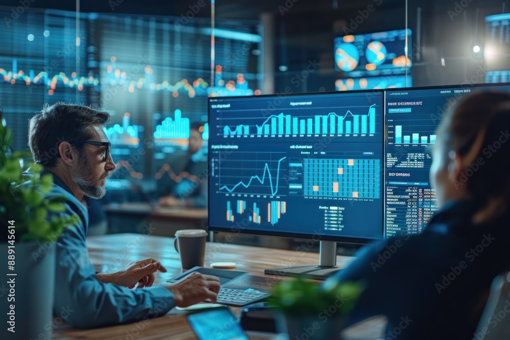 Group of financial analysts collaborating in a modern office environment They are discussing financial data and trends, with charts and graphs visible on a large screen in the background The Group of financial analysts collaborating in a modern office environment They are discussing financial data and trends, with charts and graphs visible on a large screen in the background The